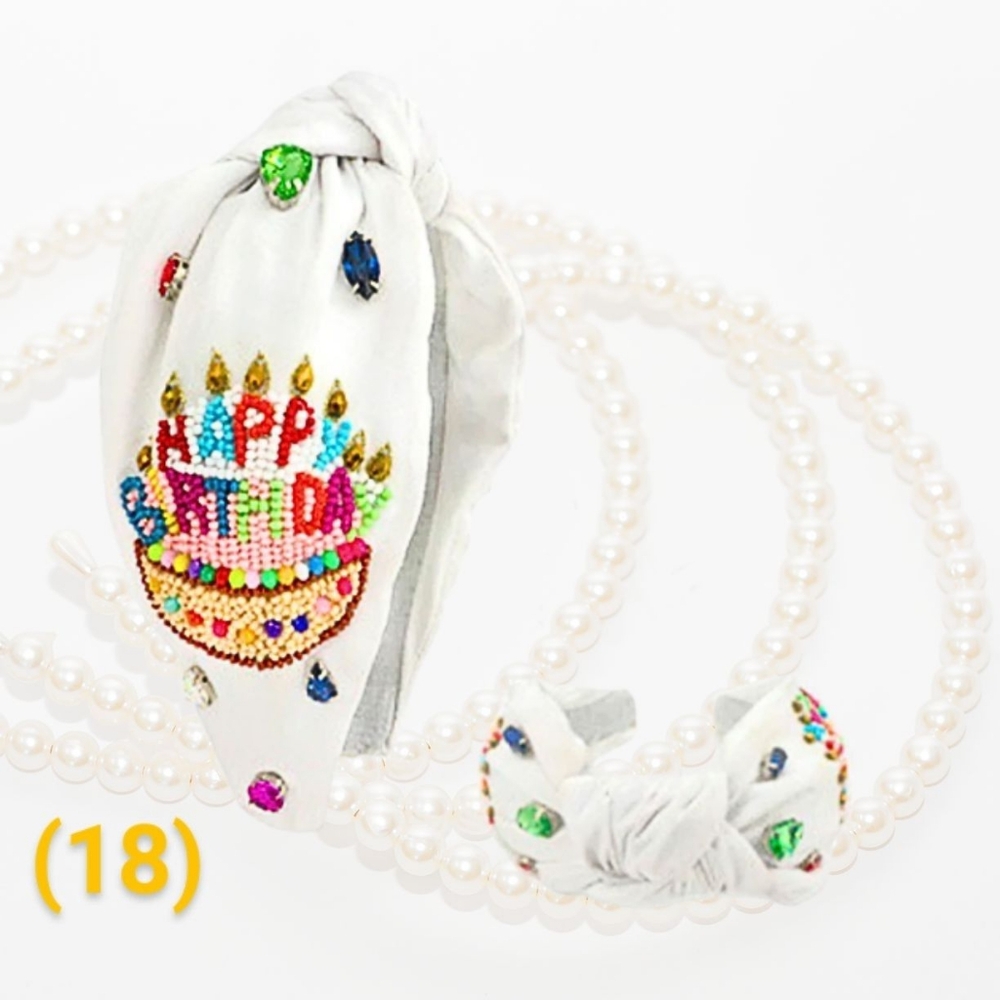 Headband Happy Birthday Cake White Satin Beaded Rhinestone New With Tags New